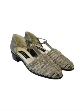 Stuart Weizmann Gold Animal Print Leather Block Heel T-Strap Sandals Size 9.5